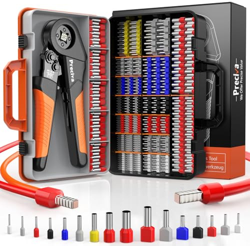 Preciva Ferrule Crimping Tool Kit with Portable Suitcase, Square Crimping Pliers for AWG 28-5 Ratchet Crimper with 1300 PCS Single & Dual Ferrule Connectors Wire Ferrules Terminals Kit