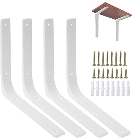 Fairblo 4 staffe bianche per mensole, 300 x 250 mm, staffe a L per scaffali, resistenti staffe da parete con viti in metallo ad angolo retto, supporto per scaffali, mensole in legno, mensole da