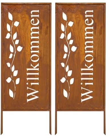 Kapaga - Sichtschutz Metall 2x - 100x40 cm - Willkommensschild Willkommen | Edelrost - Rostoptik für Garten und Terrasse - Corten, Sichtschutzelement - Sichtschutzwand - Gartendekoration Zaun - Rost