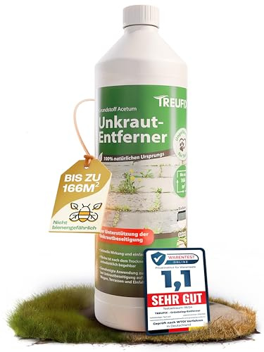 Treufix - Konzentrat zur Unkrautentfernung Grundstoff Acetum Ohne Glypohosat zur Unterstützung bei Unkrautbeseitigung auf Pflastersteine, Gartenwege, Terrasse & Einfahrt 1L - Made in DE