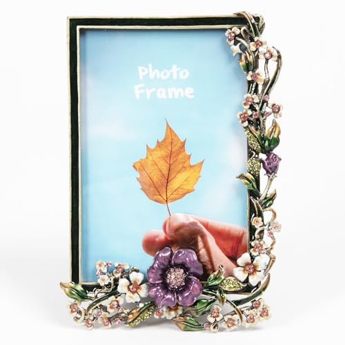 Cadre photo ovale décoratif avec bordure florale rose, blanche et bleu marine, orné de cristaux (fleur violette, 10 x 15 cm)