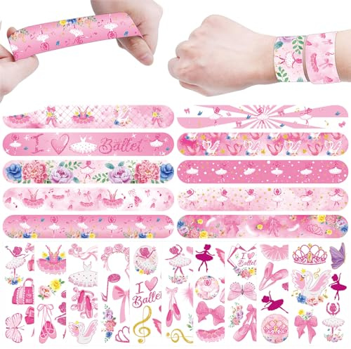 60PCS Ballerina Party Set, 30PCS Temporary Tattoos, 30PCS Slap Bracelets, Ballet Themed Birthday Supplies, Women Dance Party decoration, Baby Shower Gifts, Classroom Rewards, Decor for Kids