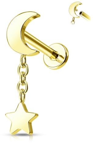 Agrewd Helix Piercing Schmuck Knorpel Ohrringe G23 Massives Titan Labret Lippenstecker Silber/Gold Flache Rückseite Innengewinde Tragus Conch Ohrringe Mond & Stern Vorwärts Medusa Piercing Schmuck