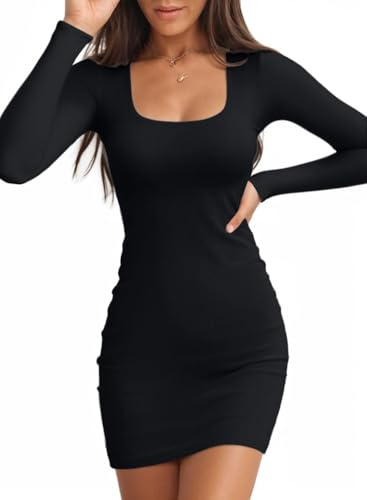 TrendiMax Women's Long Sleeve Square Neck Dress Ribbed Knit Bobycon Pencil Dress Slim Fit Sexy Party Mini Dresses