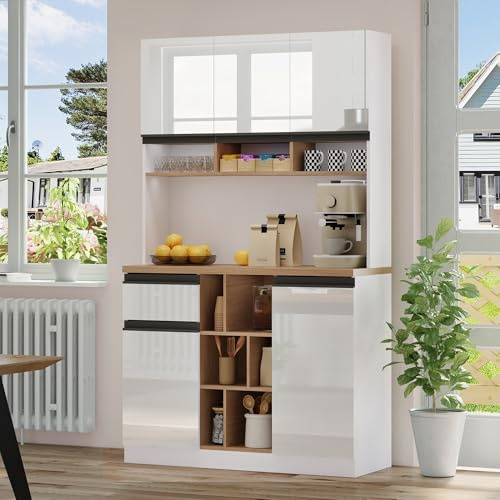 Gegtuon Küchenschrank Vitrinenschrank, Buffetschrank Küchenschränke mit Regal und Türen für Küche, Mehrzweckschrank Hochschrank mit Verstellbaren Ablagen und Schubladen, 185x105x45 cm (Weiß)