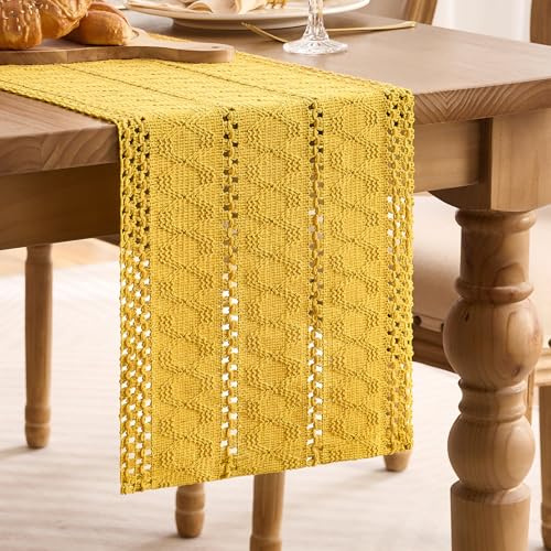 LRartdeco Giallo Runner Tavola Runner da Tavolo Autunnale Fattoria Piccolo Tavolo Lino di Cotone Vintage per la Cucina per la Cucina, per Interni Vacanze Matrimoni 30 x 90 cm