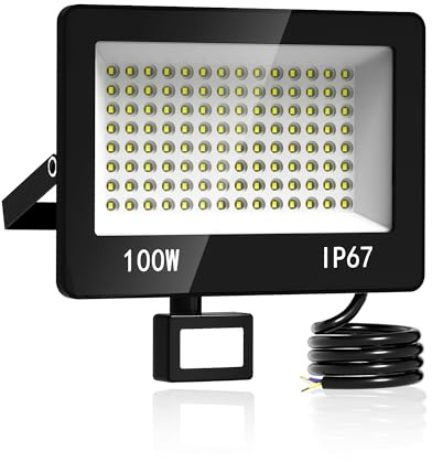 HAPYLUMI LED Strahler Mit Bewegungsmelder Außen, 100W 10000LM LED Scheinwerfer 220-240V, 6500K Kaltweiß Aussenstrahler Fluter, IP67 Wasserdicht Außenlampe für Garage Einfahrt Garten Hof | Superhell LED Scheinwerfer Kaltweiß Mit PIR Sensor, IP67 Wasserdicht Aussenstrahler Fluter für Hof Garten Einfahrt Garage