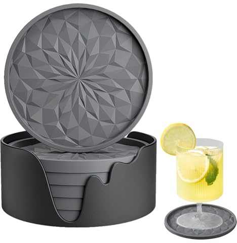 Alwodici 6pcs Silicone Coasters With Holder Drink Cup Mat Round Table Pads Set Reusable Drinking Coasters Thick Coaster Anti Slip Suitable For Families Gatherings Offices And Cafes (Grey)