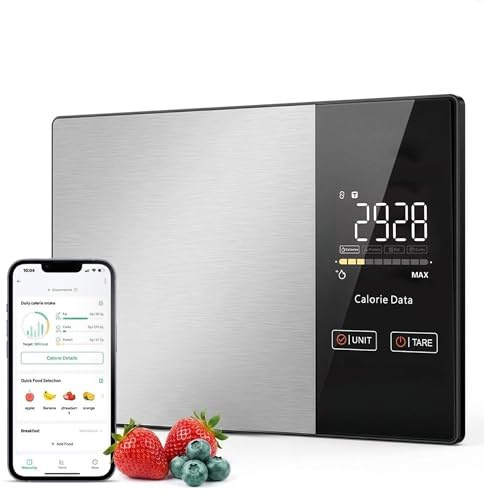 Balance de Cuisine Connectée 1g – Application Mobile iOS & Android – Calcul Calories, Protéines, Lipides & Glucides – Écran LED – Balance Alimentaire Inox – Idéale Régime, Nutrition & Perte de poids