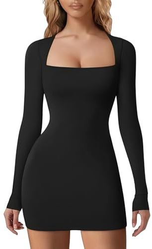 Women's Long Sleeve Cocktail Dress, Sexy Square Neck Bodycon Tight Party Dresses, Black Elegant Slim Fit Night Formal Short Dress, Solid Basic Mini Pencil Dresses for Business Club Going Out | Sexy Slim Fit Night Formal Short Party Dress, Solid Fitted Basic Mini Pencil Dresses for Business Club Y2K Going Out