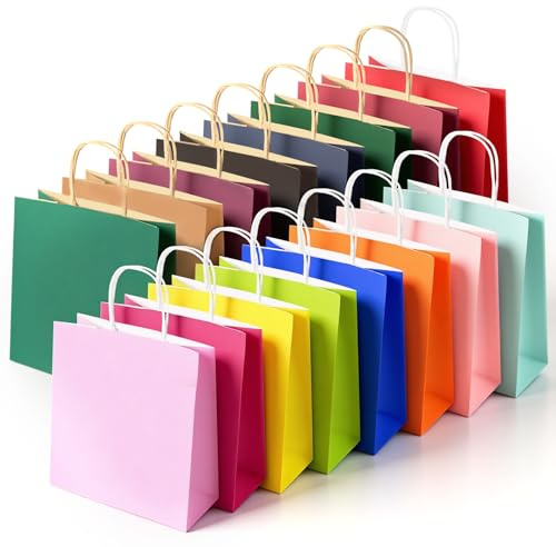 OFFCUP Bolsas de Regalo de Papel Coloridas, 16 Colores Bolsas de Papel Kraft, Reutilizables Bolsa para Regalos con Asas, 15 x 8 x 21 cm para Fiestas, Cumpleaños, Embalaje de Regalo, Boda y DIY