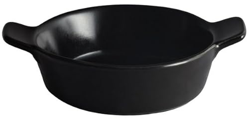Glownary Keystone Black Stoneware Mini Casserole Dish with Handles, 6 oz Capacity, Round, 5.5 x 4.25 Inch, Oven Safe, 6 per Case