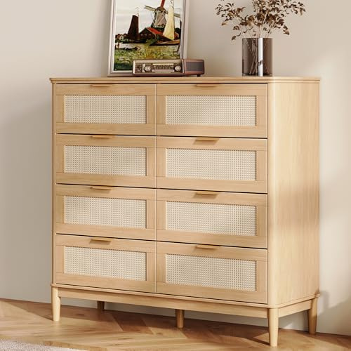 LINSY Rattan 8 Drawer Dresser for Bedroom, 47 Wide Mid-Century Modern Tall Chest of Drawers, Deep Storage Dresser with Curved Corner Design, Large Accent Wood Cabinet for Bedroom, Oak