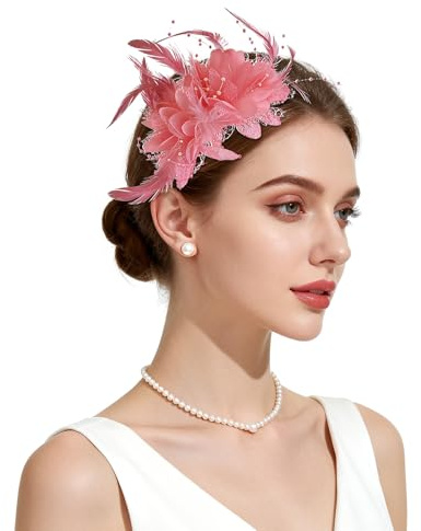 Revkokmx Womens Fascinators Hats Tea Party Hats for Women, Feather Pearl Headband for Wedding Cocktail Dresses Accessories Pink Hat