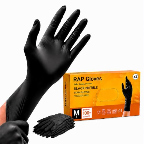 RAP Gloves Black Nitrile Powder Free Disposable Gloves Pack of 200 Small | Multi purpose single use handwear, latex free, tear resistant, textured fingertips, for kitchens and workshops