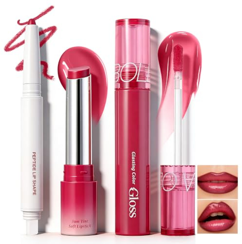 U-Shinein Lip Liner Lip Liner - Set di 3 rossetti e lucidalabbra, matita liscia per contorno labbra, inchiostro nourishing, tappetino lungo, rosso lampone