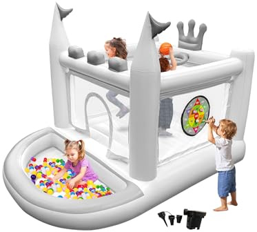 DIYJOTOFUN Aufblasbare PVC-Hüpfburg für Kinder 3-8 Jahre, 5-in-1 Outdoor Hüpfburg mit Hüpfbereich, Kugelpool, Basketballkorb, Ringen & Zielspiel, inkl. Pumpe, Weiß