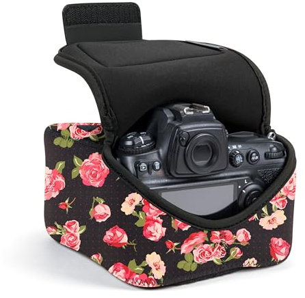 USA Gear Housse Appareil Photo (Grande) pour Reflex/SLR Moyen, Compatible Canon EOS R6 Mark II, Sony A7 V, Nikon Z 6III et Plus, Etui Neoprene Rembourre, Poche Zip, Passant Ceinture (Fleuri)