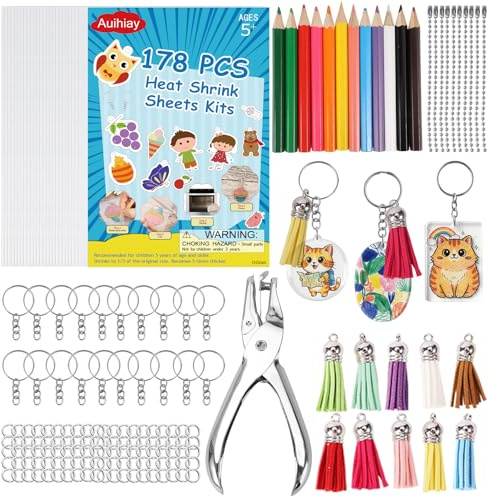 Auihiay 178Pcs Schrumpffolie Set Schlüsselanhänger für Vatertag, 25 Schrumpffolien Blätter mit Lochzange, Stifte, Schrumpfpapier für DIY Basteln für Erwachsene und Teenager
