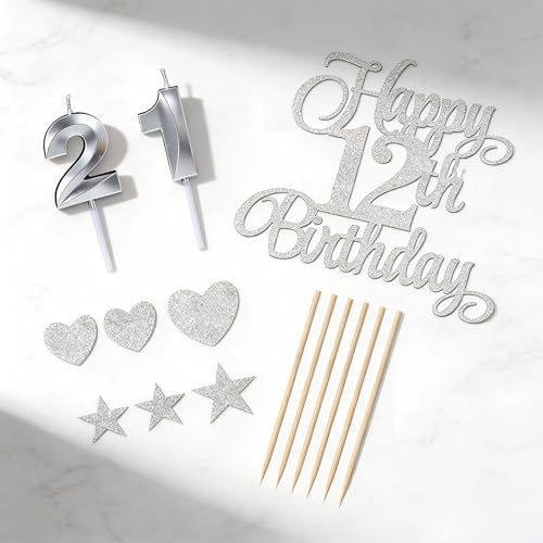 21st Birthday Cake Topper Set - Silver Glitter Number 21 Decorations with Stars, Hearts & Candles - Complete Non-Edible Cupcake Toppers Kit for Women & Men