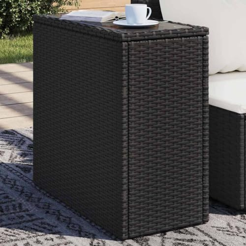 Runheo Garten-Beistelltisch aus schwarzem PE-Rattan mit Glasplatte 58x27,5x55 cm, wetterfest und stabil, ideal als Terrassentisch, Balkontisch oder Loungetisch für Outdoor, Veranda und Wintergarten