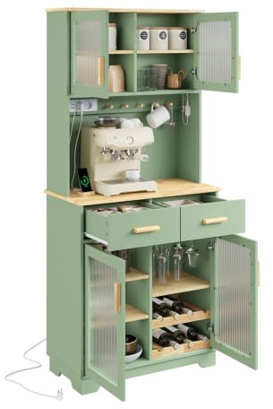 SoBuy Kökskåp med LED, vitrindörrar och vinställ, 80×40×180 cm | Kaffeskåp med eluttag, USB, arbetsyta och förvaring, för kök, matsal och kaffehörna, MDF, FSB108-E-GR