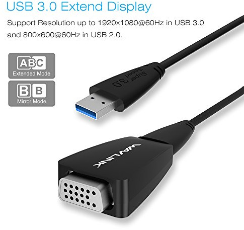 WAVLINK USB 3.0 a VGA Adaptador Externo Tarjeta Gráfica Conversor de Vídeo hasta 1920 × 1080 con USB 3.0 a Micro B Cable Extender y Modo de Espejo para Windows 7/8/10