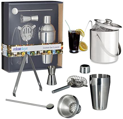 Relaxdays Set da 7 Accessori da Cocktail, da Barman, Acciaio Inox, Shaker, Colino, Cucchiaio da Bar, Pinza, Argentato