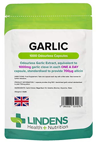 Lindens Garlic Odourless Capsules - 1000mg (700mcg Allicin) - 1000 Capsules 1000 Days’ Supply - UK Manufacturer, Letterbox Friendly