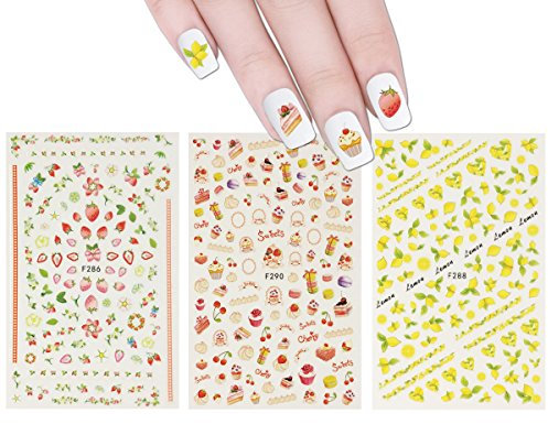 ALLYDREW 3 hojas de calcomanías para uñas de limón, cupcakes y macarrones, frutas y cupcakes