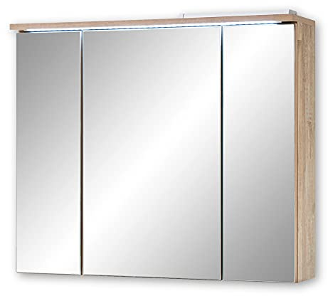 Stella Trading ROOF Spiegelschrank Bad mit LED-Beleuchtung in Eiche Old Style Optik - Badezimmerspiegel Schrank mit viel Stauraum - 80 x 68 x 21 cm (B/H/T) | 80 x 68 x 21 cm (B/H/T), Badezimmerspiegel Schrank für das Badezimmer, rustikales Design mit Stauraum