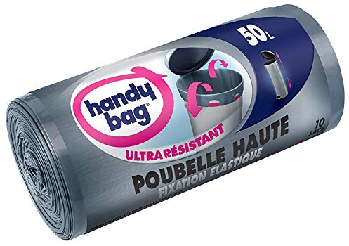 Handy Bag Rouleau de 10 sacs à ordures 50 L, Pour bacs hauts, Fixation élastique, Ultra résistant, Étanche, 47 x 85 cm, Gris foncé, Opaque