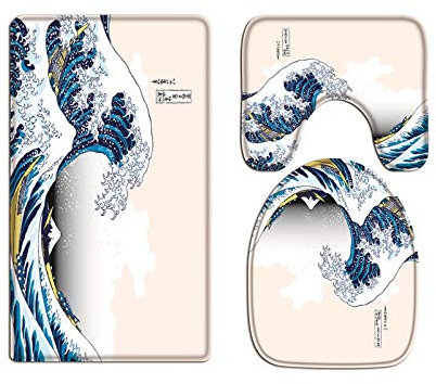 A.Monamour Juego de 3 Alfombrillas de Baño La Gran Ola De Kanagawa Estilo Tradicional Japonés Franela Absorbente Antideslizantes Alfombra de Baño Tapete