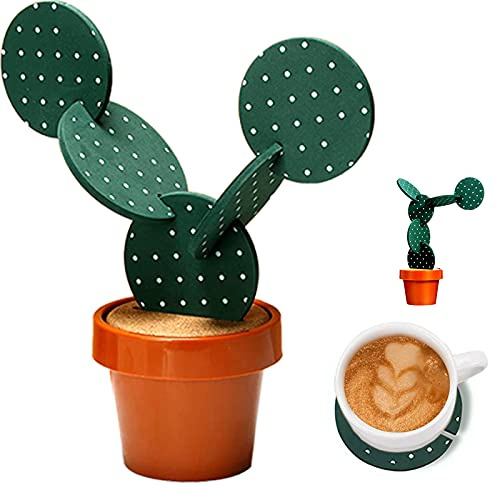 Cactus Coasters Set for Drinks of 6 Pieces,Funny Coasters Cactus Gift with Flowerpot Holder for Home Office Bar Decor