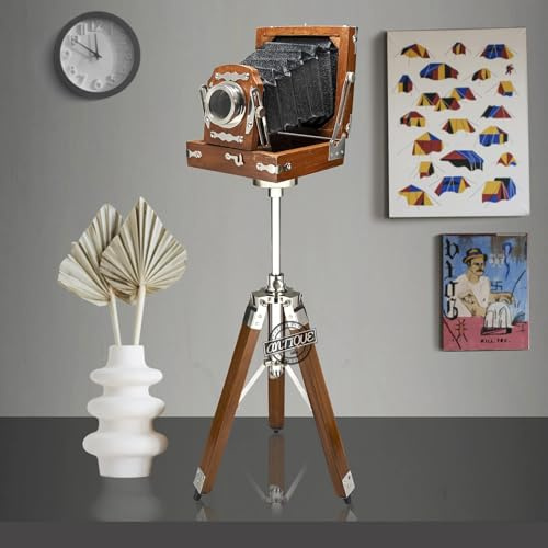 Appareil photo vintage en bois sur trépied, photographie rétro, décoration de collection, idée cadeau pour collectionneurs