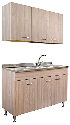 Yellowshop | Composizione cucina 120 cm versione dx o sx 3 ante finitura Olmo con lavello, scolapiatti e pensile serie Basic (Versione Sx)