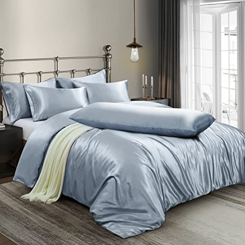 Ersmak 6 Pieces Satin Duvet Cover King Size Luxury Silky Bedding Duvet Cover Set with 1 Soft Duvet Cover, 4 King Pillowcases and 1 Body Pillowcase, Baby Blue