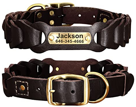 Didog Personalisiertes Hundehalsband aus echtem Leder mit individuellem Namensschild, strapazierfähig, geflochten, für mittelgroße und große Hunde, Braun, XL