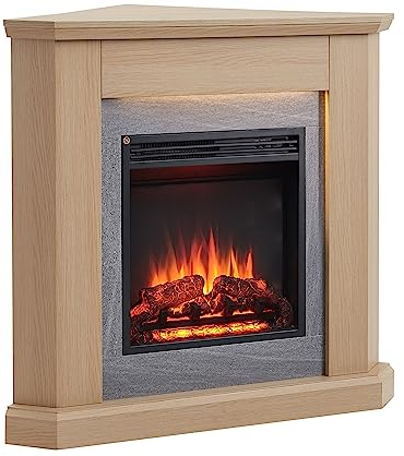 BALDERIA Chimenea eléctrica de Esquina Pegasos | Efecto de Llama 3D | Calentador, Calefacción eléctrica 2000W | Iluminación Ambiental LED | Mando a Distancia, Temporizador y termostato | Roble Claro