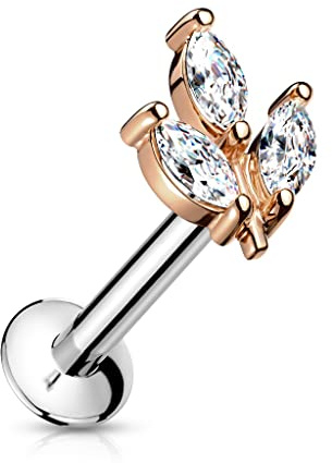 Paula & Fritz® Push-In Labret Piercing Blatt Zirkonia Klar Chirurgenstahl 316L Set Mehrfarbig 6-mm 8-mm Stab-Länge Madonna Medusa Ohr-Stecker Labret Stud