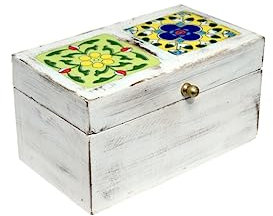 PUSHPACRAFTS Mangoholz Schmuckkästchen – Schmuckaufbewahrung – Andenkenkiste – Aufbewahrungsbox – Bohemian Hand Painted White Distress 2 Keramikfliesen Box