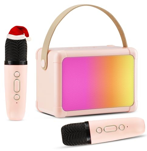 Giecy Karaoke 2 Microfonos Inalambricos,Altavoz Karaoke Bluetooth para Infantil y Adultos para Regalos con USB/Tarjeta TF/AUX Fiesta Familiar en Casa(Rosa)