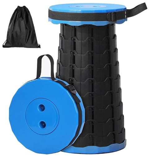 GeeRic Sgabello Pieghevole, Sgabello Telescopico+Sacca Zaino MAX Carico 500LB Regolabile in Altezza Portatile Sgabello da Campeggio Telescopico per Pesca BBQ Giardino Campeggio Viaggi Concerto Blu