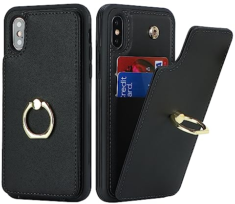SailorTech für iPhone X/XS Handyhülle mit Kreditkartenhalter für Frauen, iPhone X/XS Hülle Ring-Ständer Kartenschlitze Standfunktion Modische Tasche für Männer - Schwarz