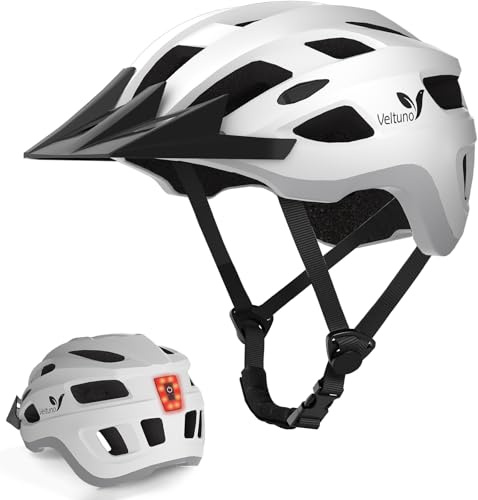 Veltuno Bike Helmet for Adults, Lightweight Mountain Bicycle Helmet with USB Rechargeable LED Rear Light, Removable Sun Visor for Women, Men, Suitable for Cycling and Commuting (White, Medium)