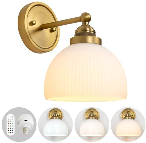 HEQIQEH Vintage Rechargeable Battery Operated Sconce Ribbed White Glass Shade Wall Lighting with Remote Control Dimmable Wall Mounted Lamp Fixture for Bedroom Vanity Bathroom Living Room