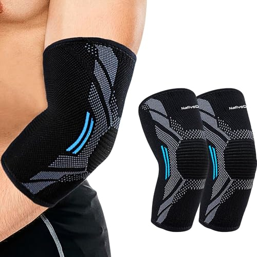 NativoDex Epikondylit och tendinit kompressionsarmbågsskydd för män och kvinnor, sportarmbåge för tennisarmbåge, crossfit, golfarmbåge (blå (par), XS)