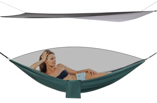 Hängematte Outdoor, Hammock mit Moskitonetz Zelt und Regen Fliege Tarp - Tragfähigkeit 200kg - Hängemattenzelt für Trekking/Wandern/Reisen/Garten - 290×140cm, Grün