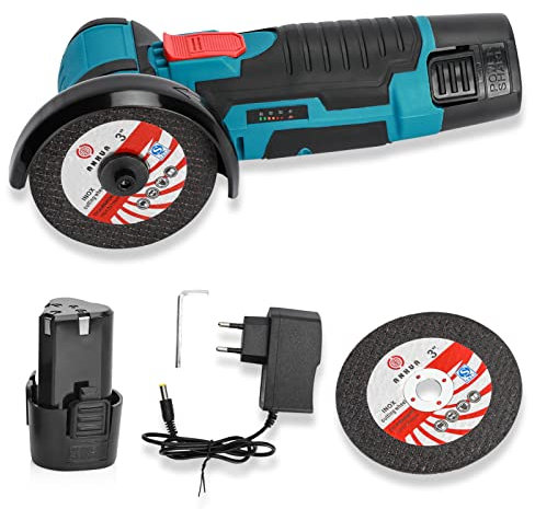 Amoladora angular,Amoladora inalámbrica,Amoladora angular con 2 baterías 2000mAh,2 discos de corte,19500RPM,Mini amoladora angular para cortar,Pulido y lijado