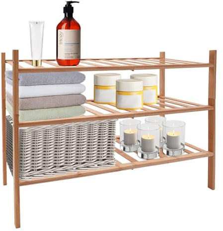 Wulimasun Scaffale a 3 ripiani, in bambù, per bagno, scarpiera, salvaspazio, colore legno, per ingresso, cucina, bagno, 68,6 x 28 x 50 cm